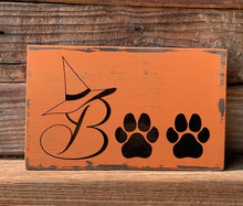 Load image into Gallery viewer, Halloween Fall Decorations wood sign that says Boo.  Pet themed.