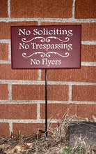 Load image into Gallery viewer, Sign No Soliciting No Trespassing No Flyers Yard Stake Sign for Homes or Businesses - Heartfelt Giver