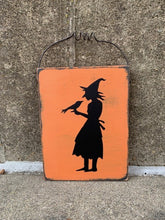 Load image into Gallery viewer, Halloween ornament, handcrafted fall decor with  witch and crow silhouette.  Decorative piece for a wreath or pencil tree or just an seasonal accent on its own.