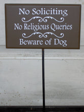Load image into Gallery viewer, No Soliciting No Religious Queries Beware Of Dogs Sign Wood Vinyl Front Yard Stake Signs with Color Options - Heartfelt Giver