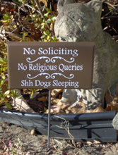 Load image into Gallery viewer, No Soliciting No Religious Queries Shh Dogs Sleeping Wood Vinyl Sign Stake Brown Front Yard Outdoor Do Not Disturb Sign Home Office Decor - Heartfelt Giver