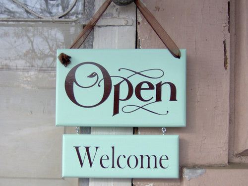 Open Closed Welcome Sign Please Come Again Wood Sign Vinyl 2 Sided Plaque Beach Seafoam Office Business Sign Spa Salon Shop Door Hanger - Heartfelt Giver