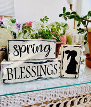 Load image into Gallery viewer, Spring Blessings with Bunny Rabbit Silhouette Stacked Wood Block Table Signs - Heartfelt Giver
