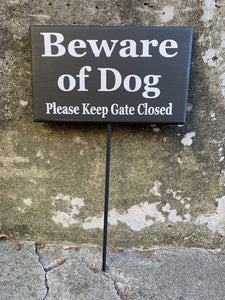 Dog sign beware of dog plaque a stake.  Decorative yard signage for homes or business 