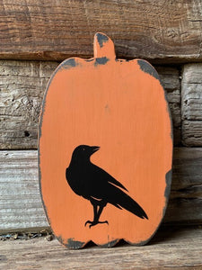Rustic Fall Decor Handmade Cutout Pumpkin with Black Raven Crow Design 8 inches x 5 inches 