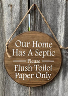Round wooden cutout bathroom sign with natural wood grain, for a stylish and functional decor piece. Perfect for adding a rustic touch to any space.