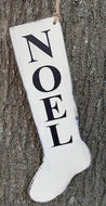 Noel Christmas Stocking in rustic distressed style.  Decorative holiday decor signs for homes or businesses. 