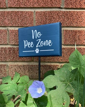 Load image into Gallery viewer, no pee zone sign on a stake for the yard in navy blue 