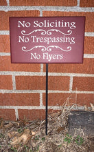 Load image into Gallery viewer, Sign No Soliciting No Trespassing No Flyers Yard Stake Sign for Homes or Businesses