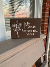 Load image into Gallery viewer, Wood Sign for your door decor that asks guest to remove their shoes.  