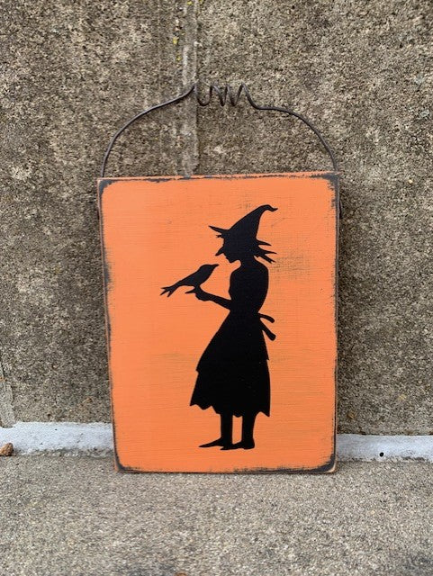 Halloween ornament, handcrafted fall decor with  witch and crow silhouette.  Decorative piece for a wreath or pencil tree or just an seasonal accent on its own. 