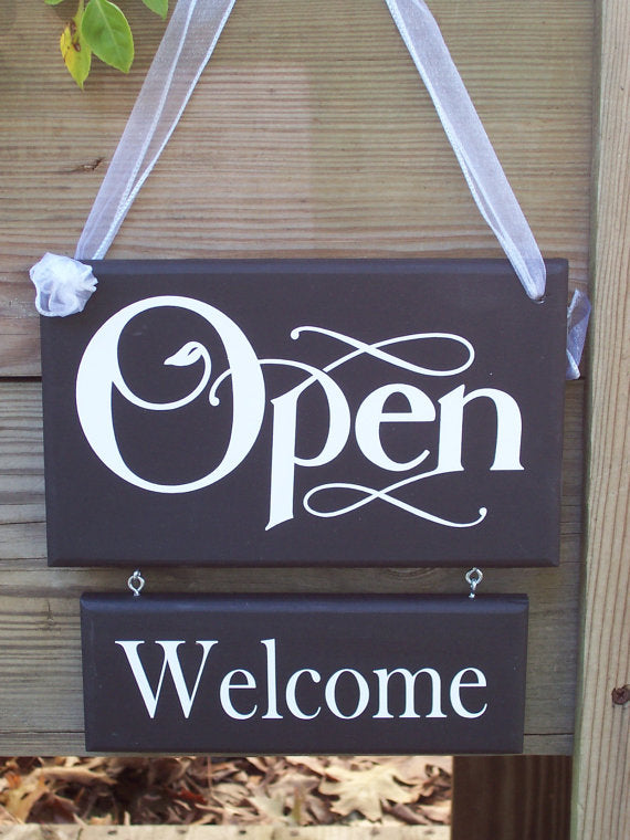 Business Entry Open Closed Two Tier Reversible sign in black and white