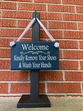 Load image into Gallery viewer, Welcome Kindly Remove Shoes and Wash Hands Wood Vinyl Entry Door Sign - Heartfelt Giver