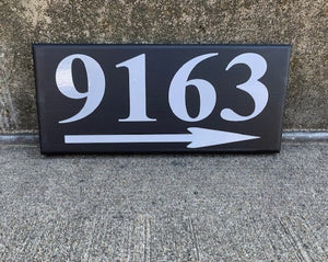 House number sign with arrow directional sign.  You choose direction or  sign without arrow.  Wood sign 10" x 4.5" black with white letters.  