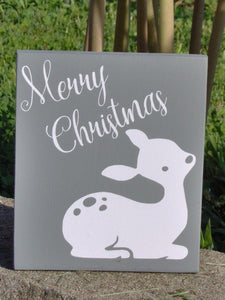 Merry Christmas Wood Block Vinyl Sign Fawn Silhouette Winter Doe Fawn Holiday Ornament Home Decor Accent Wall Hang Shelf Sitter Tree Decor - Heartfelt Giver