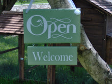 Load image into Gallery viewer, Whimsy Green Open Welcome Closed Please Come Again Double Side Two Tier Wood Vinyl Sign Business Sign Office Supply Door Hanger Welcome - Heartfelt Giver