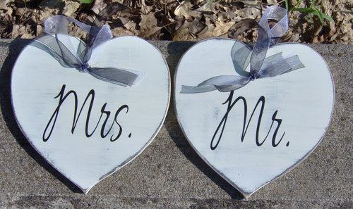 Wedding Mr. Mrs. Hearts Farmhouse Distressed Wood Signs Vinyl Bride Goom Wedding Gift Wedding Shower Giftware Chair Hanger Wedding Decor - Heartfelt Giver