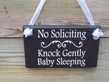Load image into Gallery viewer, No Soliciting Knock Gently Baby Sleeping Wood Vinyl Sign Baby Shower Gift Do Not Ring Bell Door Hanger Quiet Please New Mom New Baby Sign - Heartfelt Giver