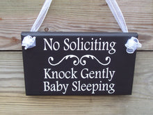 Load image into Gallery viewer, No Soliciting Knock Gently Baby Sleeping Wood Vinyl Sign Baby Shower Gift Do Not Ring Bell Door Hanger Quiet Please New Mom New Baby Sign - Heartfelt Giver