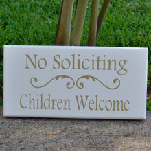 Load image into Gallery viewer, No Soliciting Children Welcome Wood Sign Vinyl Home Entry Door Decor Sign Porch Girl Scouts Boy Scouts Outdoor Sign Gold Word Art Yard Sign - Heartfelt Giver