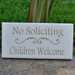 No Soliciting Children Welcome Wood Sign Vinyl Home Entry Door Decor Sign Porch Girl Scouts Boy Scouts Outdoor Sign Gold Word Art Yard Sign - Heartfelt Giver