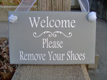 Load image into Gallery viewer, Wood Sign Welcome Please Remove Shoes Door Hanger Vinly Word Art Kindly Take Off Shoes Inside Everyday Porch Sign Entry Doo Sign Home Gray - Heartfelt Giver