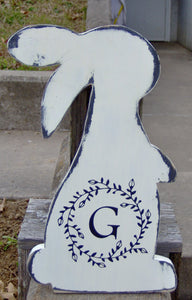 Bunny Rabbit Easter Farmhouse Distressed Initial Monogram In Vine Wreath Wood Vinyl Sign Door Hanger - Heartfelt Giver