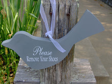 Load image into Gallery viewer, Bird Cutout Please Remove Your Shoes Wood Vinyl Sign Wreath Door Hanger Home Decor Ornament Shabby Cottage Chic Grey Take Off Shoes Sign - Heartfelt Giver