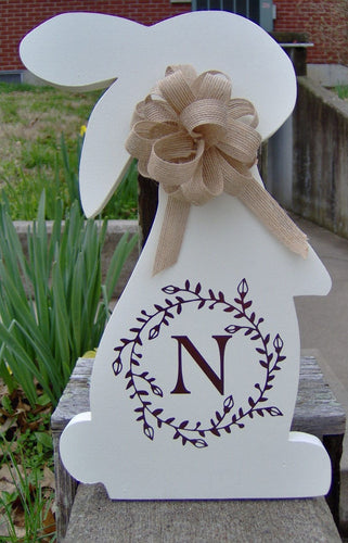Bunny Rabbit Easter Farmhouse Hare Initial Monogram Vine Wreath Wood Vinyl Sign Door Hanger Spring Wreath Decor Wooden Cut Out Sign Family - Heartfelt Giver