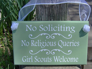 Outdoor Signs For Home No Soliciting No Religious Queries Girl Scouts Welcome Wood Vinyl Home Sign Decor Everyday Wall Hanging Porch Decor - Heartfelt Giver