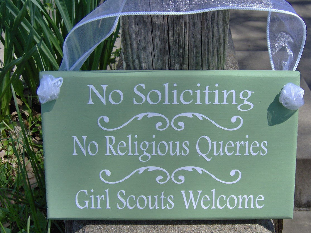 Outdoor Signs For Home No Soliciting No Religious Queries Girl Scouts Welcome Wood Vinyl Home Sign Decor Everyday Wall Hanging Porch Decor - Heartfelt Giver