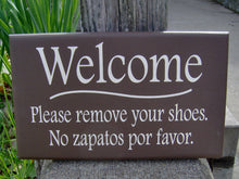 Load image into Gallery viewer, Sign Welcome Please Remove Shoes No Zapatos Por Favor Wood Vinyl English Spanish Wood Signs For Home Decor Sign Door Hanger Private Sign - Heartfelt Giver