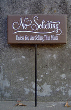 Load image into Gallery viewer, No Soliciting Sign Unless You Are Selling Thin Mints Wood Vinyl Sign Brown No Soliciting Yard Sign With Stake Outdoor Signs For Home Porch - Heartfelt Giver