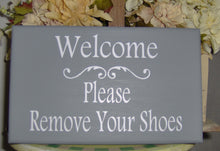 Load image into Gallery viewer, Welcome Sign Please Remove Shoes Wood Vinyl Sign Wooden Sign Housewarming Gift Family Sign Visitor Custom Take Off Shoes Front Door Decor - Heartfelt Giver