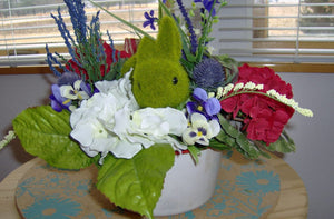 Bunny Rabbit Spring Flower Arrangement Vintage Enamel Pot Faux Moss Easter Table Centerpiece Upcycled Home Primitive Decor Embellishments - Heartfelt Giver
