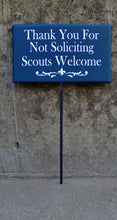 Load image into Gallery viewer, Thank You Not Soliciting Scouts Welcome Sign Wood Vinyl Stake Sign Fleur De Lis Art Lawn Sign Yard Sign Garden Decor New Home Gift Navy Blue - Heartfelt Giver