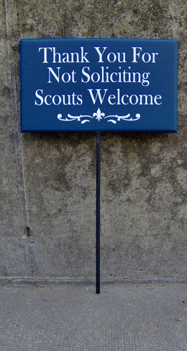 Thank You Not Soliciting Scouts Welcome Sign Wood Vinyl Stake Sign Fleur De Lis Art Lawn Sign Yard Sign Garden Decor New Home Gift Navy Blue - Heartfelt Giver