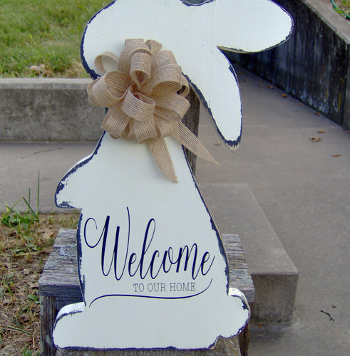 Welcome Our Home Spring Easter Bunny Rabbit Wood Farmhouse Distressed Wood Vinyl Sign - Heartfelt Giver