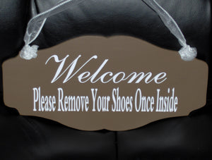 Welcome Please Remove Your Shoes Once Inside Scalloped Wood Vinyl Sign Unique Style Cut Design Porch Entry Door Hanger Home Decor Popular - Heartfelt Giver