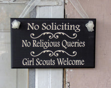 Load image into Gallery viewer, No Soliciting No Religious Queries Girl Scouts Welcome Wood Vinyl Outdoor Yard Porch Door Decorative Signs Exterior Signage New Home Gift - Heartfelt Giver