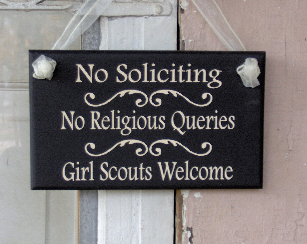 No Soliciting No Religious Queries Girl Scouts Welcome Wood Vinyl Outdoor Yard Porch Door Decorative Signs Exterior Signage New Home Gift - Heartfelt Giver