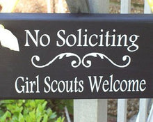 Load image into Gallery viewer, No Soliciting Girl Scouts Welcome Wood Vinyl Front Hanger Shabby Cottage Home Decor Sign Girl Scout Cookies Thin Mints Kid Boy Wreath Sign - Heartfelt Giver