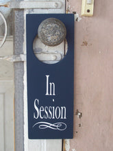 Load image into Gallery viewer, In Session Door Knob Hanger Wood Vinyl Sign Nautical Navy Blue Business Retail Shop Spa Salon Massage Therapy Private Please Wait Inform - Heartfelt Giver