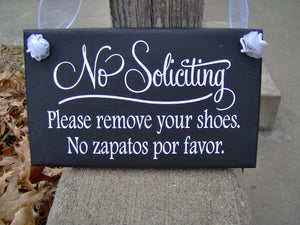 No Soliciting Sign Please Remove Shoes No Zapatos Por Favor Wood Vinyl Sign English Spanish Home Door Wall Decor Family Gathering Keep Clean - Heartfelt Giver