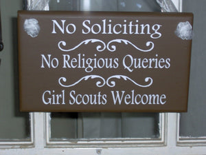 No Soliciting No Religious Queries Girl Scouts Welcome Wood Sign Vinyl Brown Plaque Home Accessories Homestead Farmhouse Style Door Sign - Heartfelt Giver