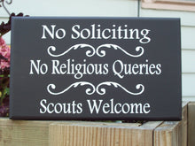 Load image into Gallery viewer, No Soliciting No Religious Queries Scouts Welcome Sign Wood Vinyl Sign Country Brown Girl Scouts Boy Scouts Front Door Sign Entryway Decor - Heartfelt Giver