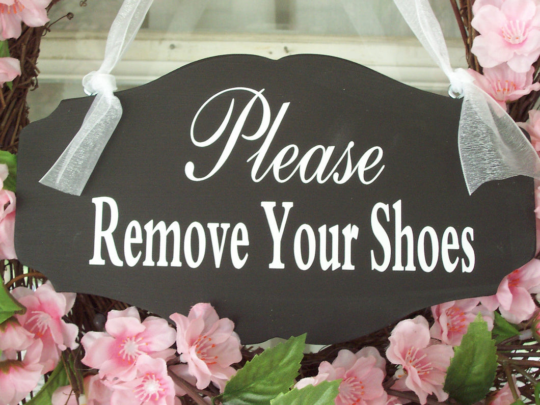 Please Remove Shoes Wood Sign Vinyl Shabby Cottage Chic Plaque House Entry Door Hanger Take Off Shoes Front Door Signs No Shoes Allowed Sign - Heartfelt Giver