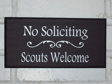 Load image into Gallery viewer, Wood Sign No Soliciting Scouts Welcome Vinyl Outdoor Door Hanger New Home Decor Lawn Ornament Sign Garden Landscape Houswarming Gift Yard - Heartfelt Giver