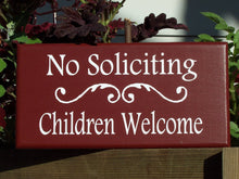 Load image into Gallery viewer, No Soliciting Children Welcome Sign Wood Vinyl Sign Front Door Decor Porch Wall Hanging Garden Gate Yard Home Sign Decor Door Adornment Red - Heartfelt Giver