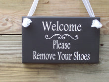 Load image into Gallery viewer, Welcome Please Remove Shoes Wood Vinyl Sign Wooden Sign Door Hanger Family Sign Visitor Guest Custom Home Sign Housewarming Porch Sign Patio - Heartfelt Giver